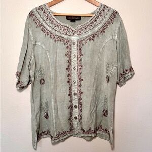 Agan Traders Embroidered Boho Top XL Sage Green Tie Back Button Down